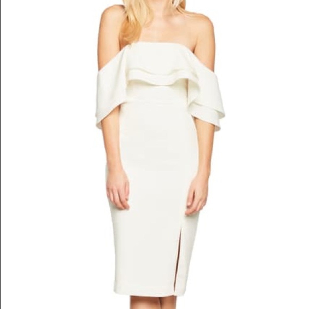 BARDOT White Band Ruffle Off the Shoulder Dress